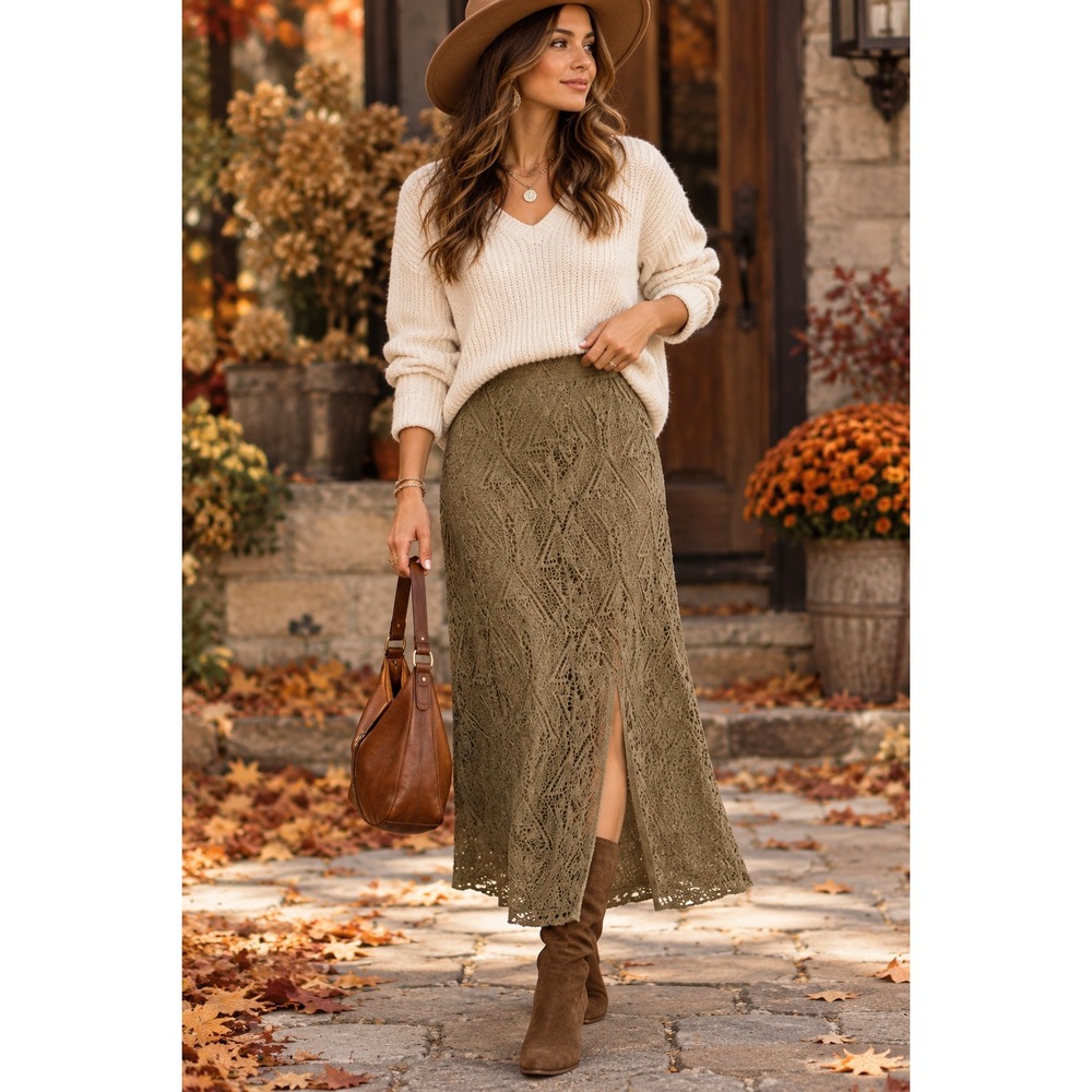 Chicos Tan Beige Geometric Crochet Lace Maxi Skirt Front Slit Lined Size 1 Med